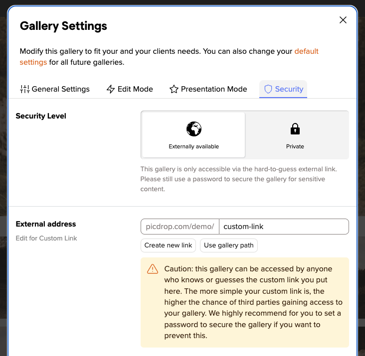 gallery settings custom link warning