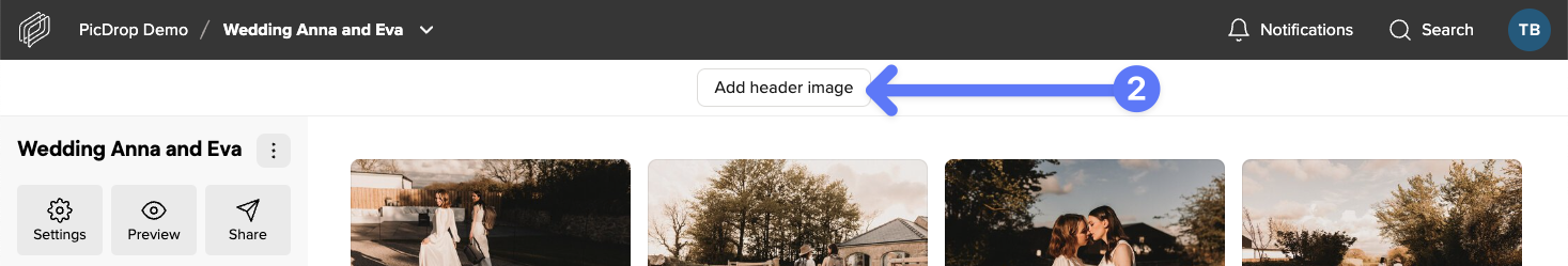 Button to add a header image to a picdrop gallery