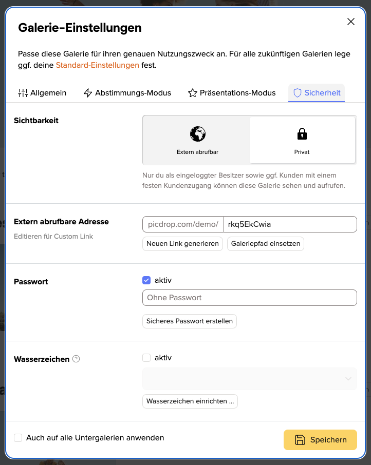 picdrop Galerie-Einstellungen Sicherheit inkl. Adresse und Passwort einer Galerie 