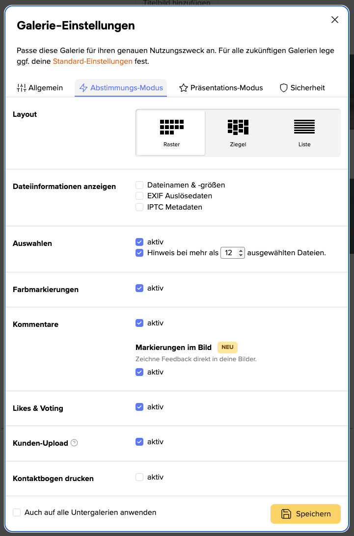 picdrop Galerie-Einstellungen Abstimmungs-Modus inkl. Dateiinformationen, Bildauswahlen, Farbmarkierungen, Kunden-Upload etc.
