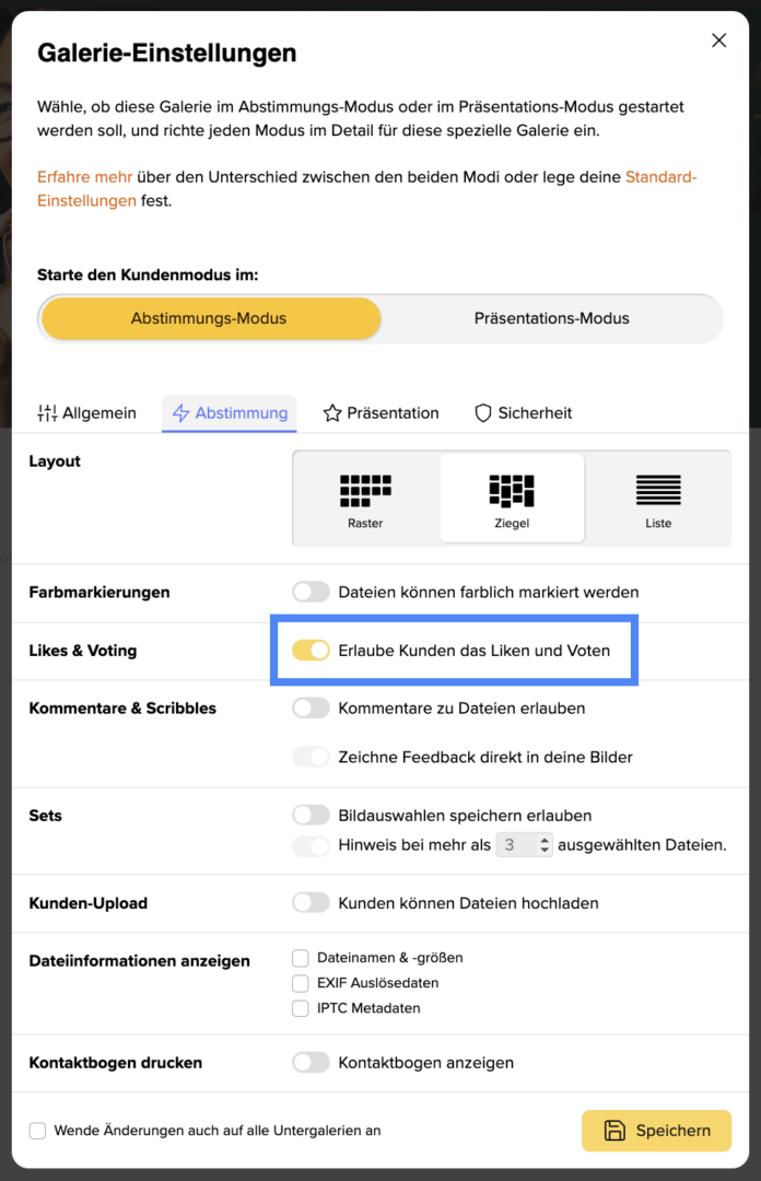Screenshot des Einstellungsmenüs „Galerie-Einstellungen“ in deutscher Sprache. Die Option „Likes & Voting“, mit der Kunden liken und abstimmen können, ist blau markiert. Weitere Einstellungen sind ebenfalls auf der Seite sichtbar.
