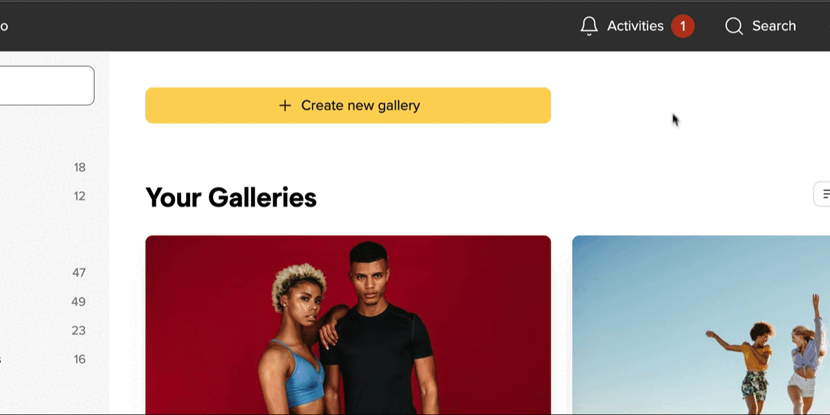 Ein Cursor klickt auf die gelbe Schaltfläche „Neue Galerie erstellen“ auf einer Website-Seite, auf der die Überschrift „Ihre Galerien“ und darunter Beispielfotogalerien angezeigt werden.