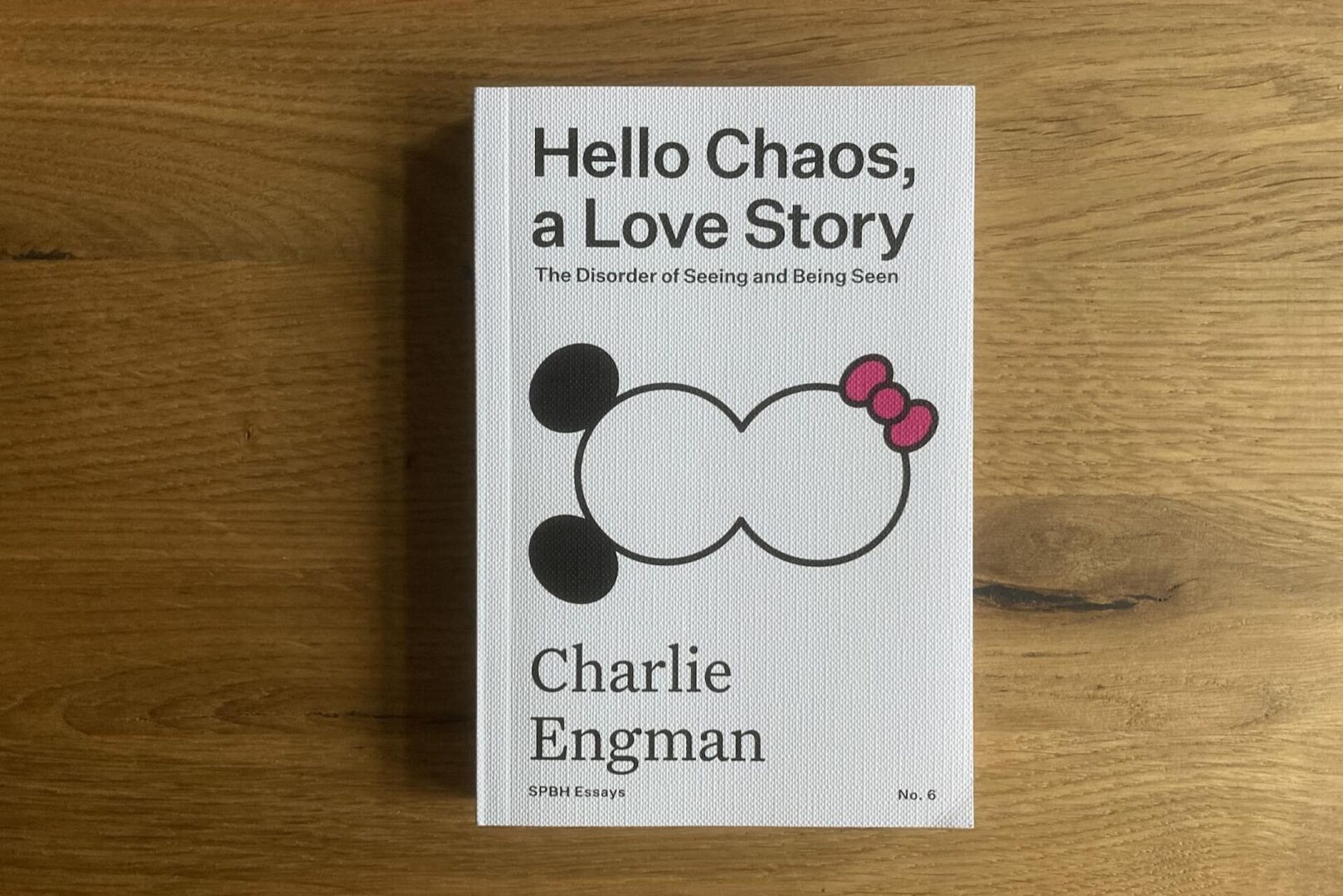 A book titled Hello Chaos, a Love Story by Charlie Engman rests on a wooden surface. The cover features minimalist black shapes resembling two heads with one wearing a pink bow.
