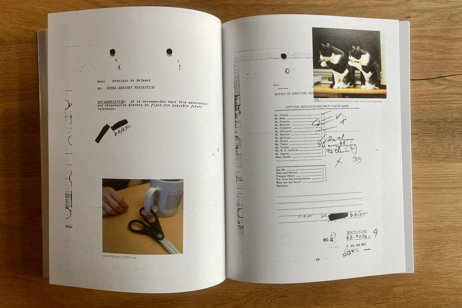 An open book lies on a wooden surface, displaying pages with scattered text, handwritten notes, a photo of scissors by a mug, and a photo of two cats interacting on a table.