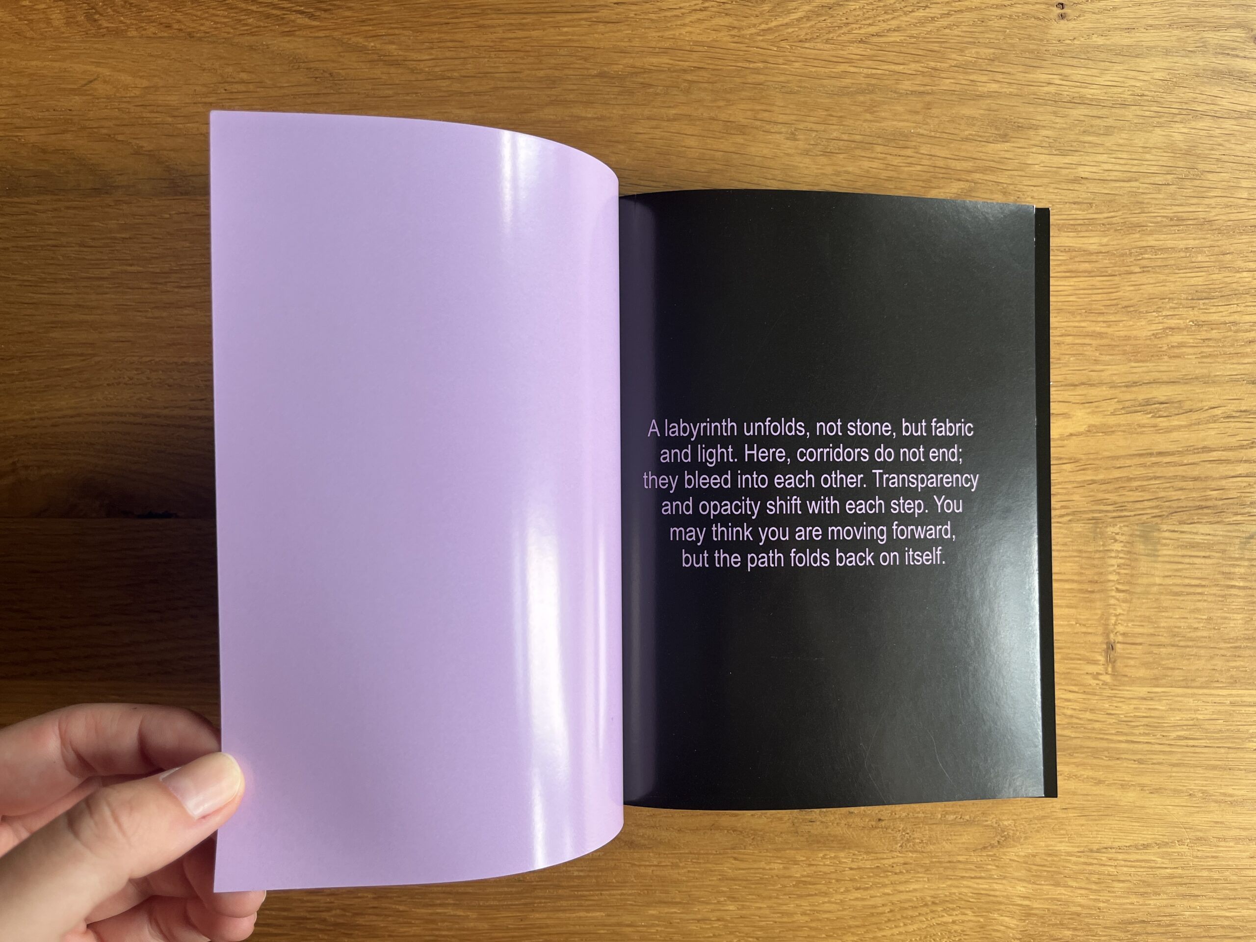 Open spread from Dev Dhunsi’s Mixed, with a translucent lilac page covering opening text on a black page.