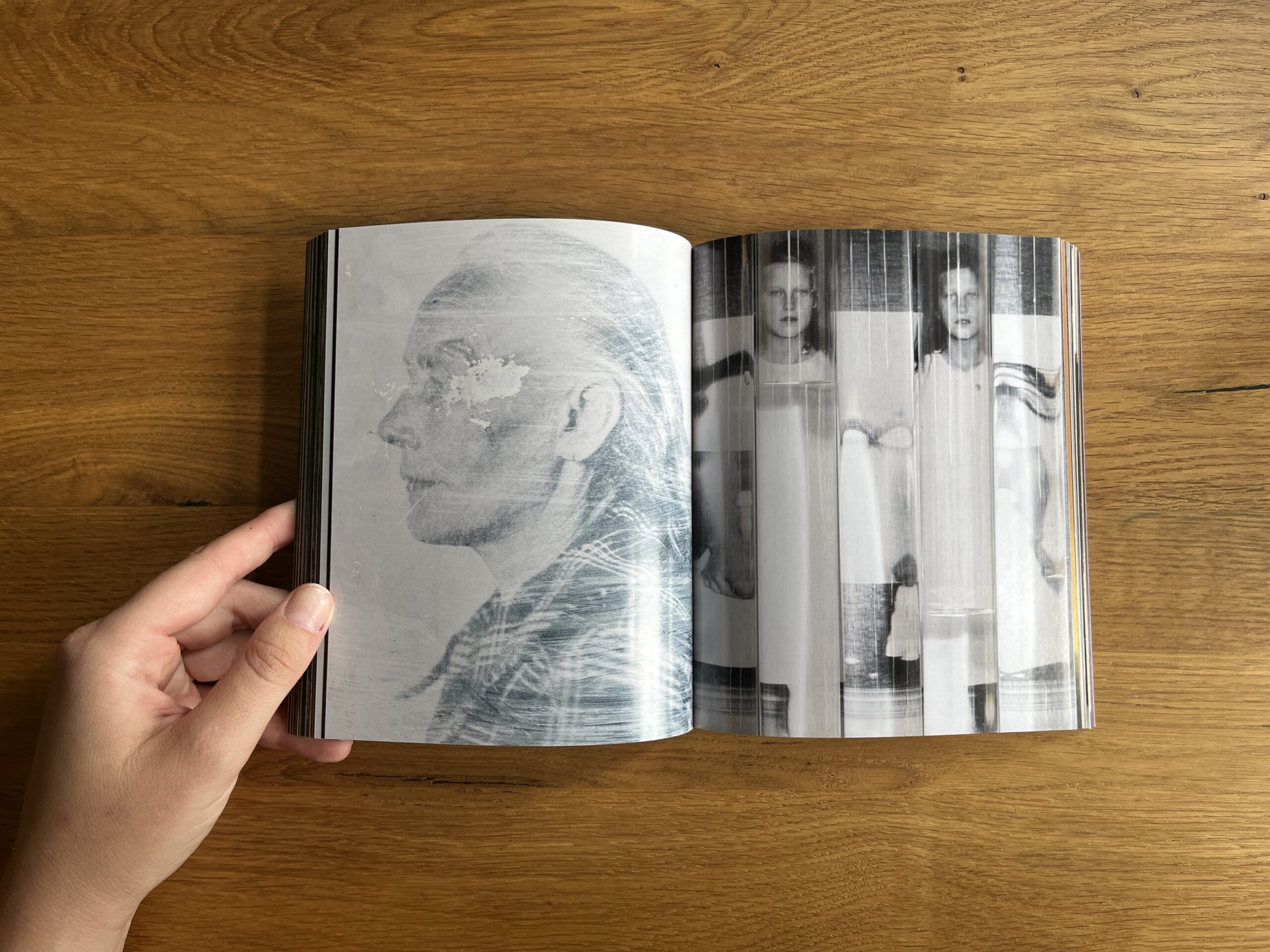 Open spread from Mixed: a faded archival-style profile portrait faces two women obscured behind vertical translucent strips.