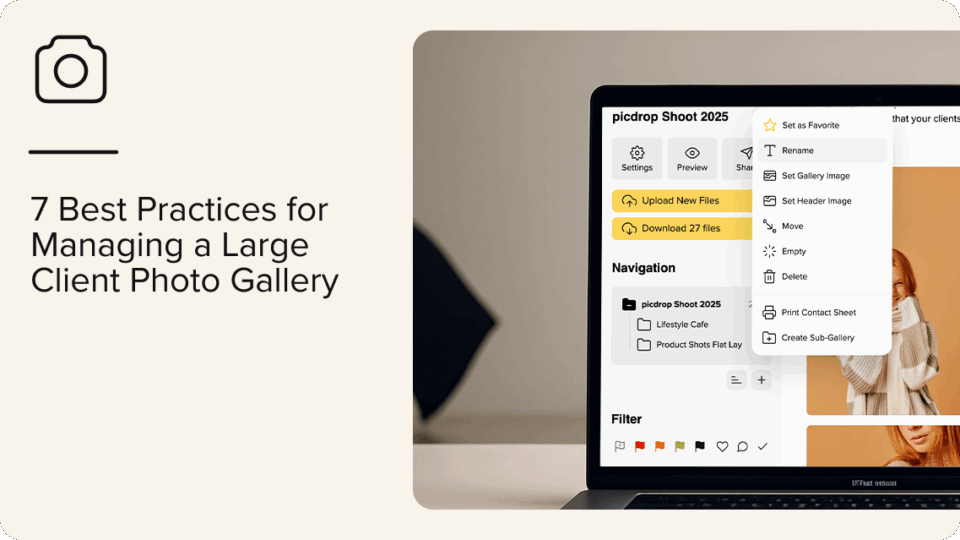 A computer screen displays a photo gallery management app with options like Upload New Files and Download 22 Files alongside an image of a woman. The left side has the text 7 Best Practices for Managing a Large Client Photo Gallery.