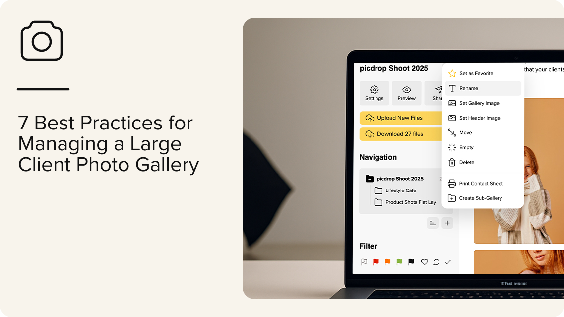 A computer screen displays a photo gallery management app with options like Upload New Files and Download 22 Files alongside an image of a woman. The left side has the text 7 Best Practices for Managing a Large Client Photo Gallery.