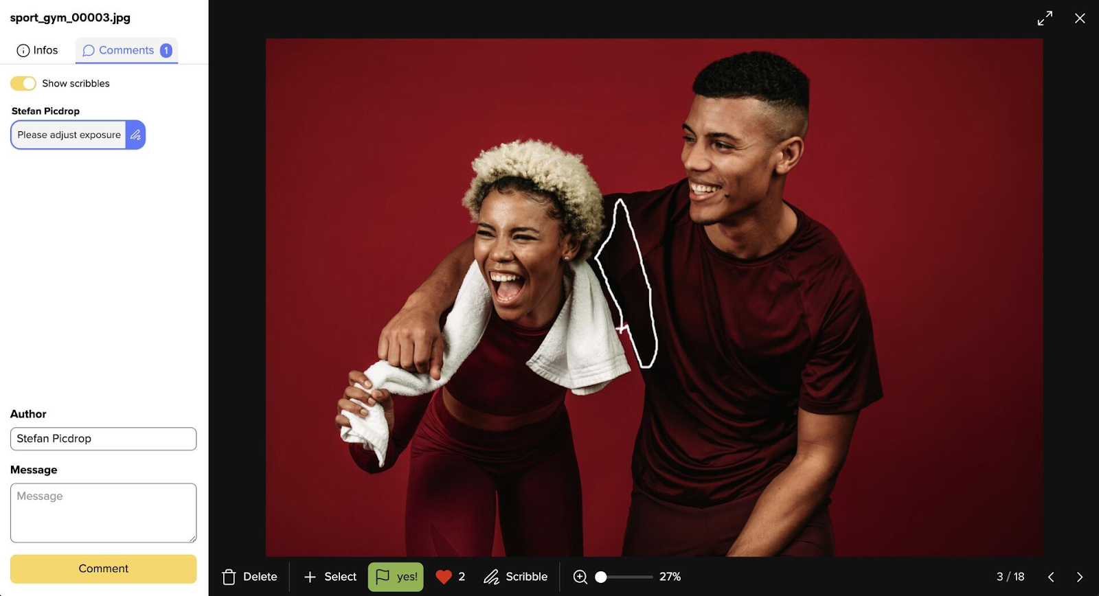 Two athletes in matching maroon sportswear smile and laugh against a red background. One person has their arm around the others shoulders, holding a white towel. Editing tools and image comments are visible on the screen.