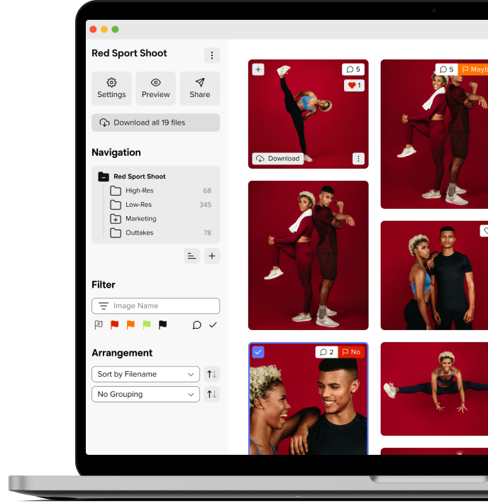 A laptop screen displays a photo management application showing thumbnails of a man and woman in red athletic outfits posing against a red background, with navigation and filter options on the left.
