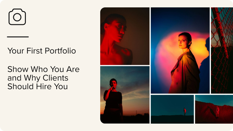 Collage of seven atmospheric portrait photographs with red and orange lighting, shot against dark interiors, a fence and a sunset landscape.