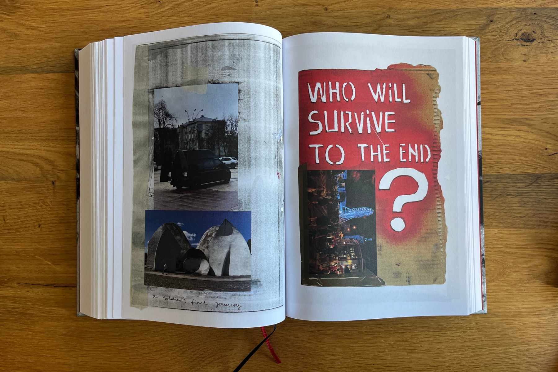 Open book on a wooden table showing a collage spread with photographs, handwritten notes, and a red poster reading “Who will survive to the end?”