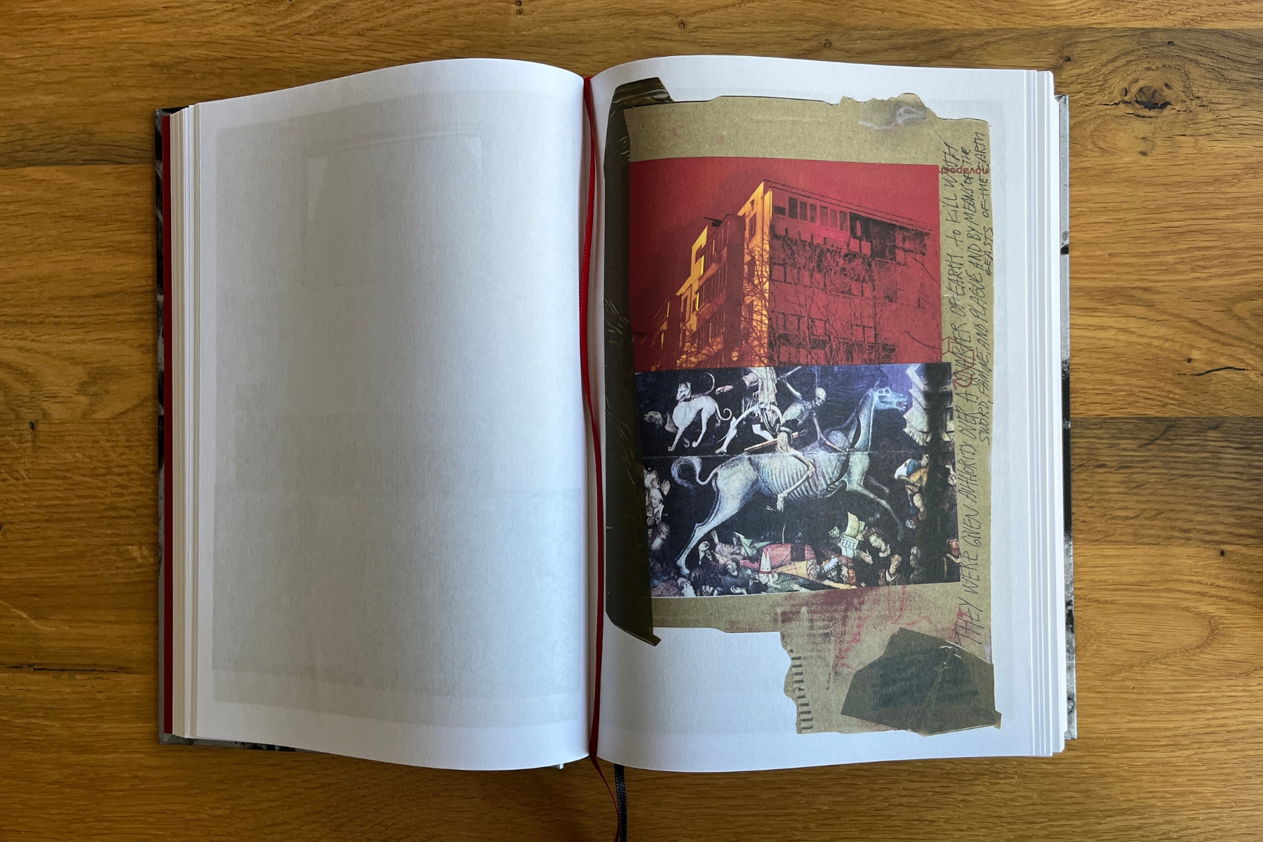 Open book on a wooden table showing a collage with a damaged building, a historical image of skeletal horse figures, tape, and handwritten text.