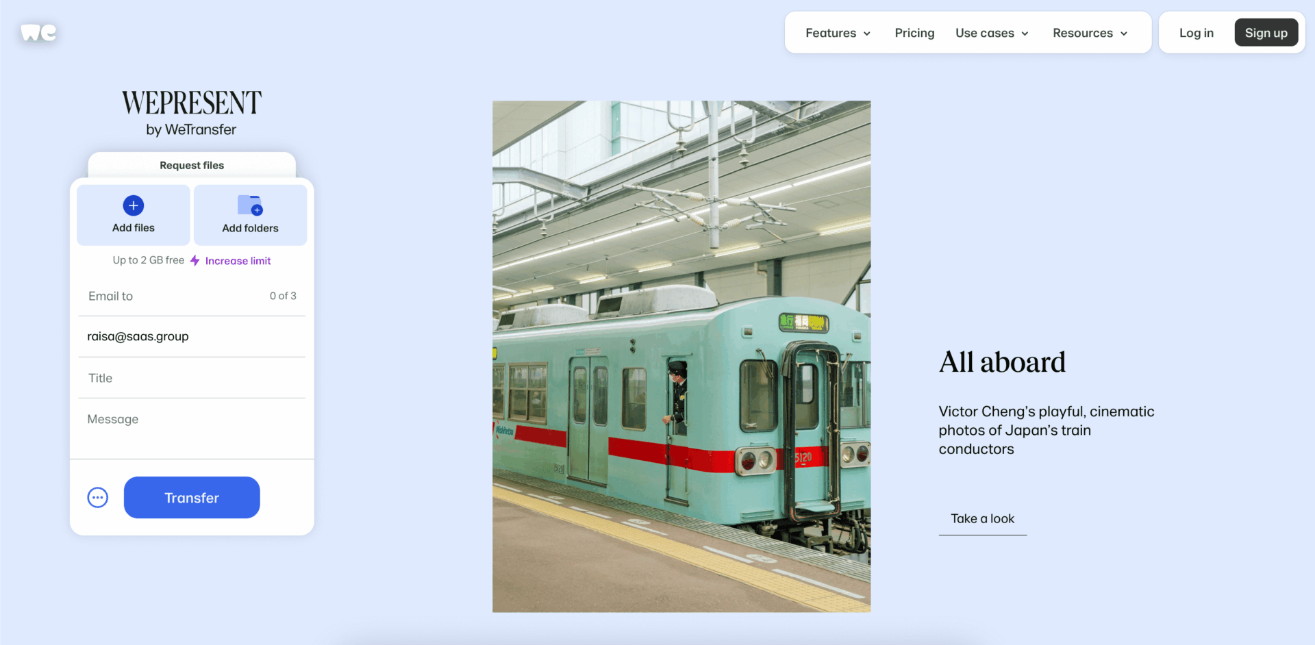 A teal train with a red stripe is stopped at a platform inside a modern, bright train station. On the left, a file transfer form is visible; on the right, theres text about cinematic photos of train conductors.