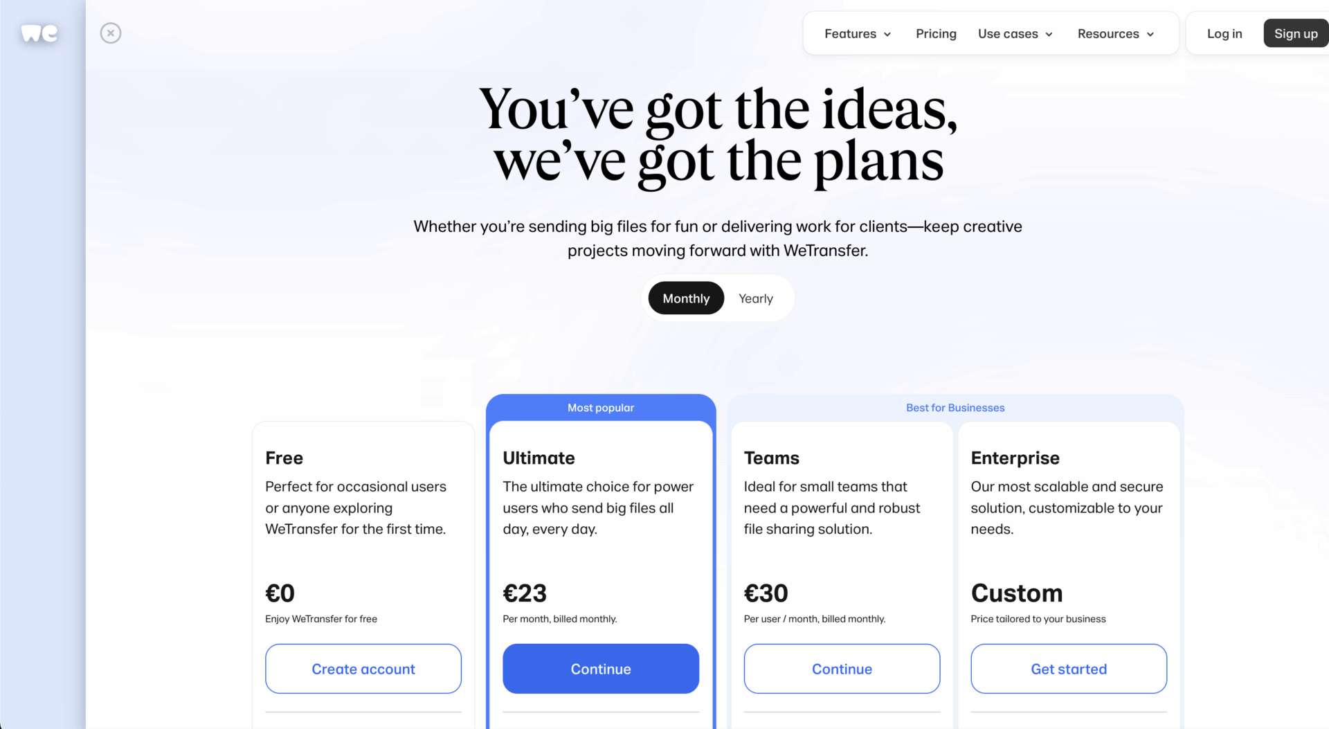 A website pricing page for WeTransfer shows four plans: Free, Ultimate (€23), Teams (€30), and Enterprise (Custom), each with brief descriptions and blue call-to-action buttons under a bold headline at the top.