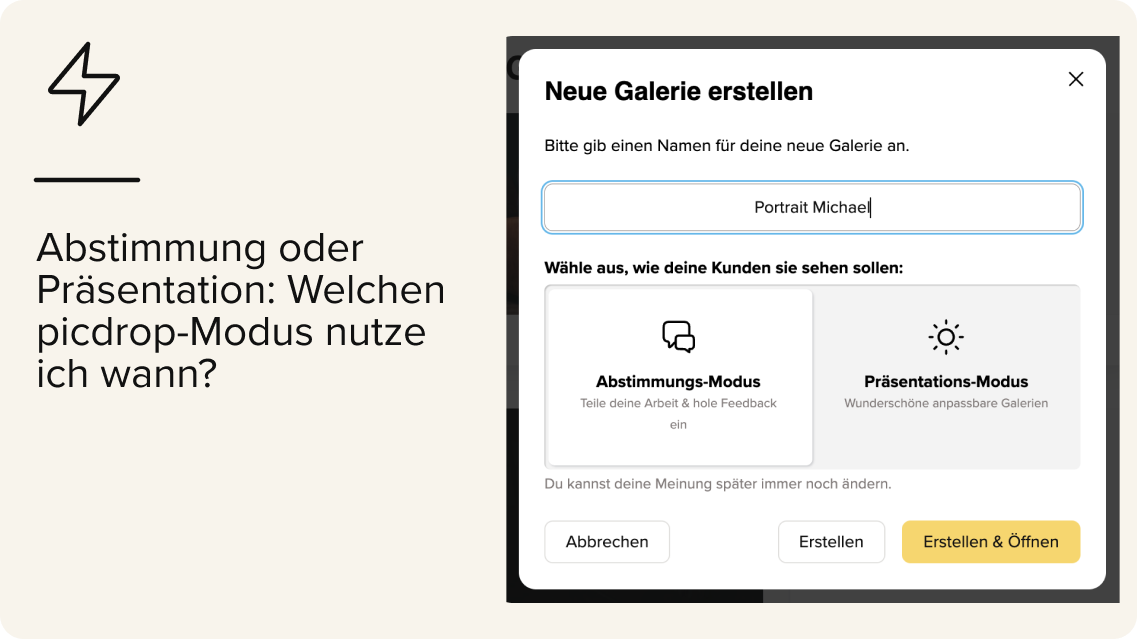 Screenshot einer Webseite mit zwei Auswahloptionen für eine neue Galerie: „Abstimmungs-Modus“ zum Feedback einsammeln und „Präsentations-Modus“ für anpassbare Präsentationen. Der Galeriename ist „Portrait Michael“.