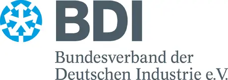 Logo of BDI (Bundesverband der Deutschen Industrie e.V.) featuring a blue circular symbol with outward-pointing arrows, and the organizations name in grey text below the abbreviation.