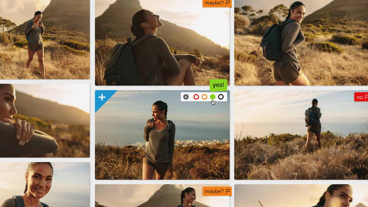 A woman in outdoor clothing hikes through grassy terrain with hills and blue sky in the background, smiling in several poses; various photo editing icons and labels appear over the images.