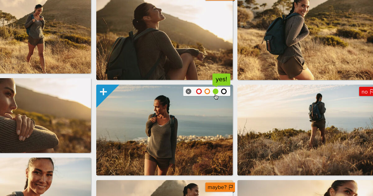 A woman with a backpack hikes through dry grasslands and hills, smiling and enjoying the outdoors. Various images show her walking, standing, and looking at the scenery under clear skies.