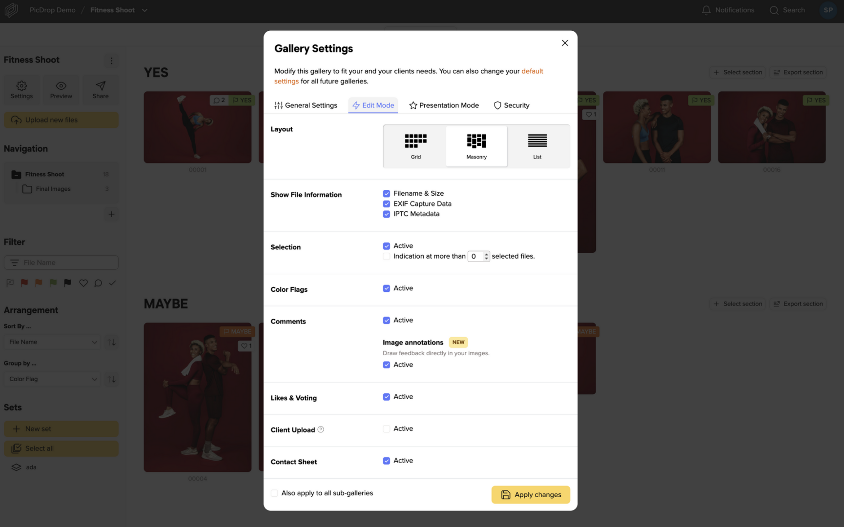 A screenshot of the Gallery Settings window in a photo selection platform, showing various toggles for settings like layout, info display, selection, color flags, likes & voting, audio upload, and contact sheet.