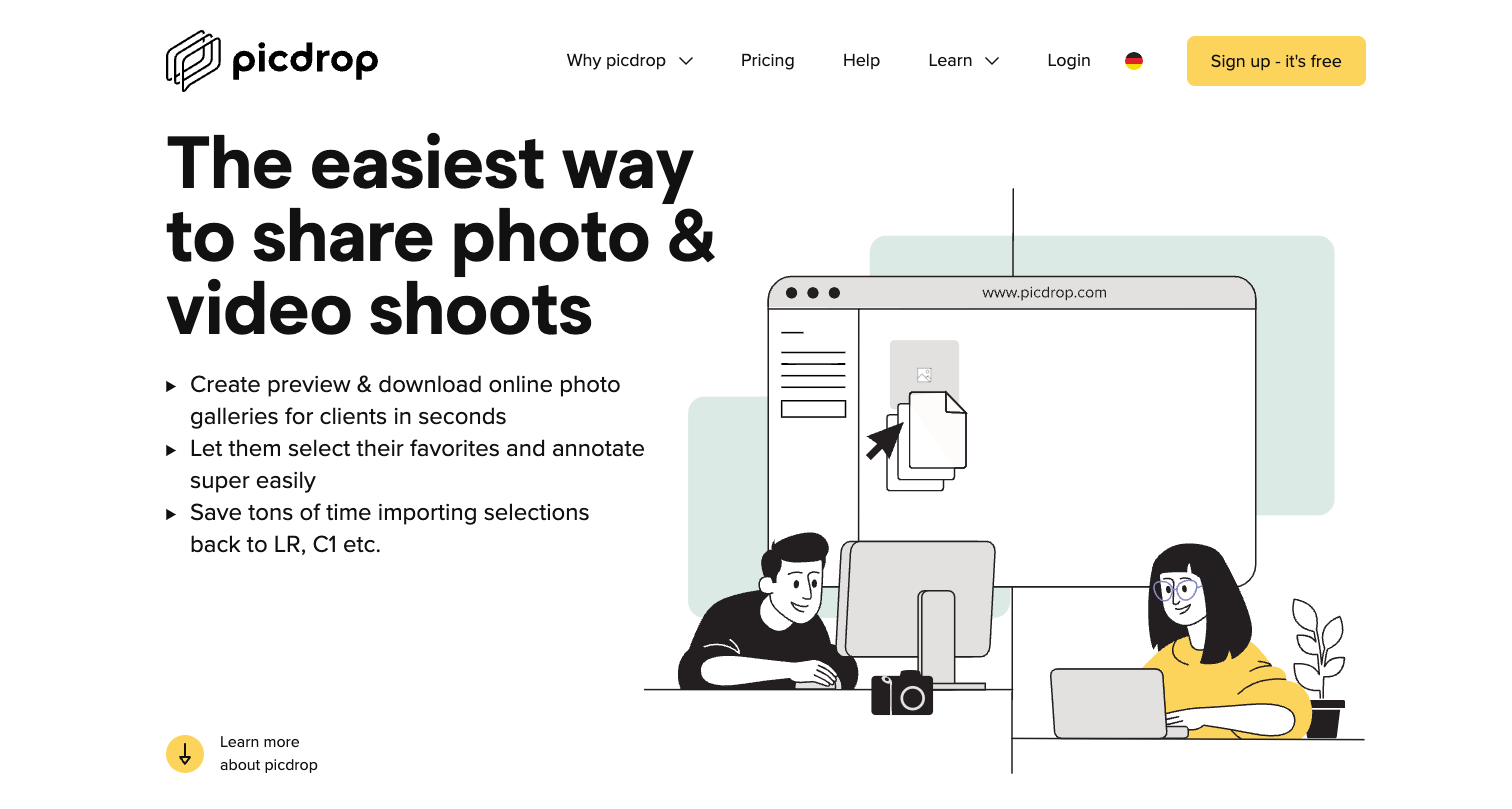 Two people work at desks with cameras and computers. A large screen shows photo thumbnails. Text on the left promotes Picdrop as an easy way to share photo and video shoots, with key features listed. Picdrop logo and menu appear at the top.