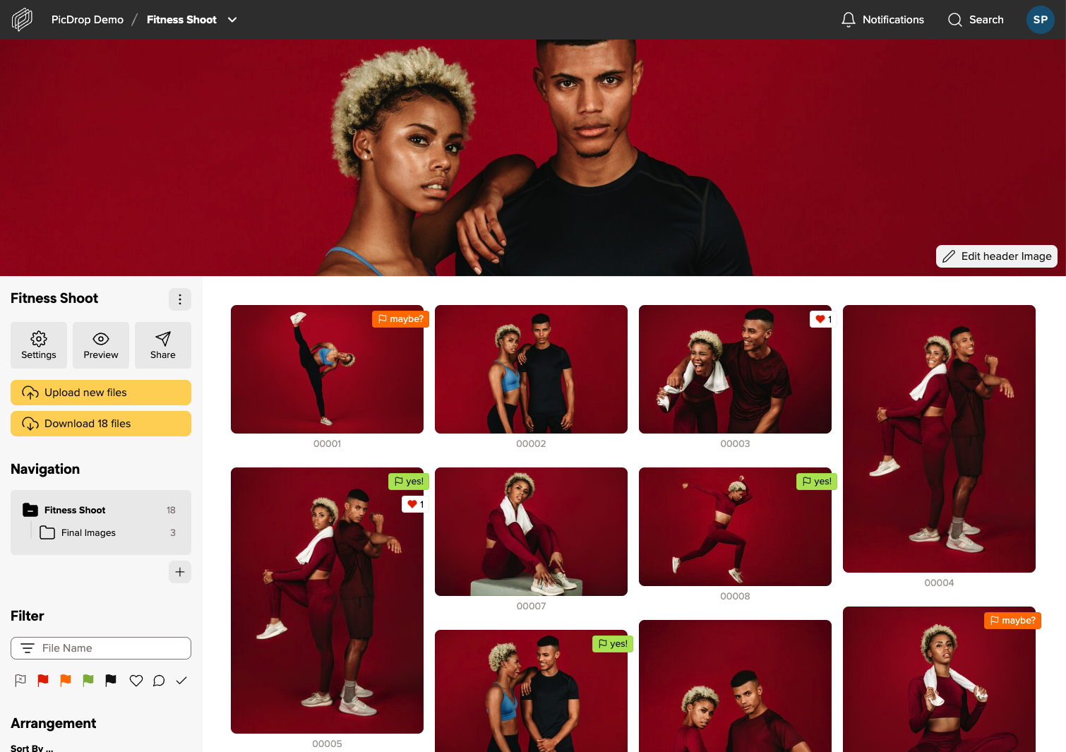 A photo library interface displays images from a fitness shoot featuring a man and a woman posing together against a red backdrop. Thumbnails show various athletic and dance poses, with navigation and file options on the left panel.
