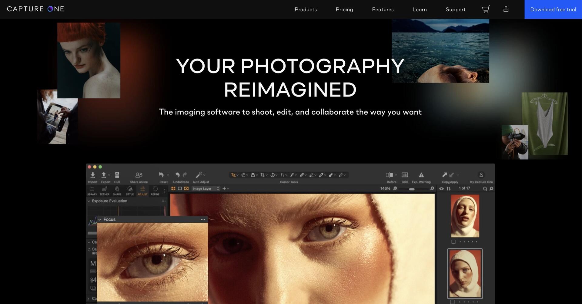 A screenshot of the Capture One website shows the tagline “Your Photography Reimagined” above a software interface editing close-up portraits, with navigation options at the top and side panels displaying editing tools.