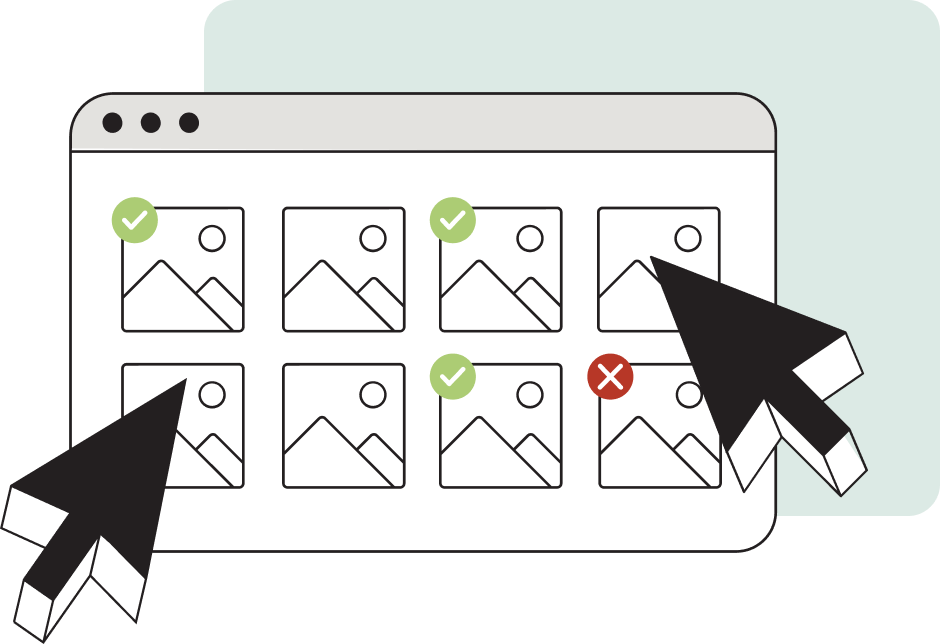 Illustration of a computer window with a grid of image thumbnails, some have green check marks, one has a red X, and two large black cursor icons point to different images.