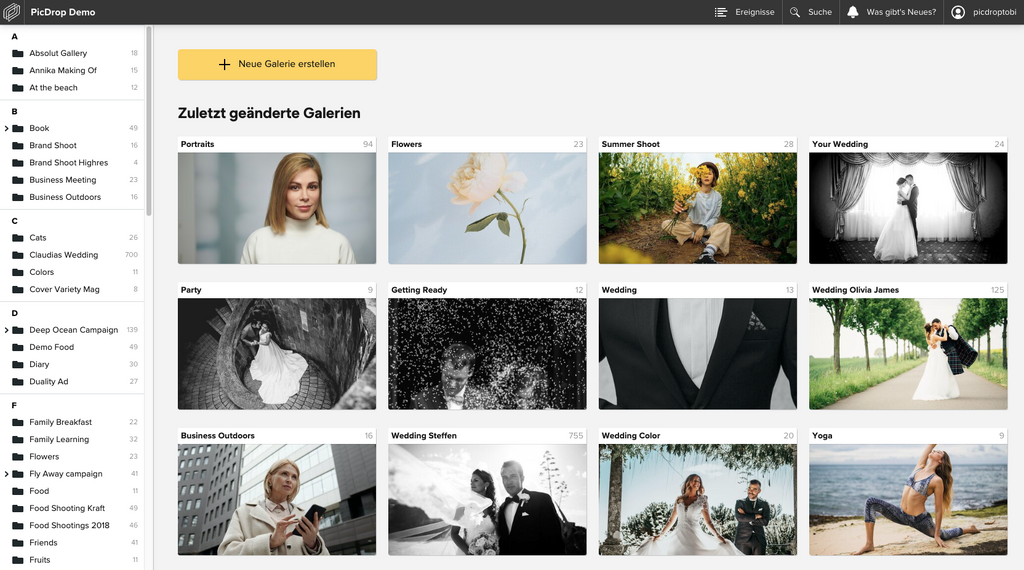 Screenshot der Benutzeroberfläche einer Fotogalerie-Website, die verschiedene Fotoalben wie Porträts, Blumen, Hochzeit, Party, Business und Yoga mit Miniaturansichten und einer Seitenleiste zur Navigation auf der linken Seite zeigt.