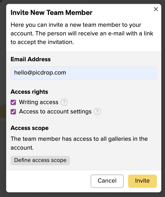 A pop-up window titled Invite New Team Member displays fields for entering an email address, selecting access rights, and defining access scope, with Cancel and yellow Invite buttons at the bottom.