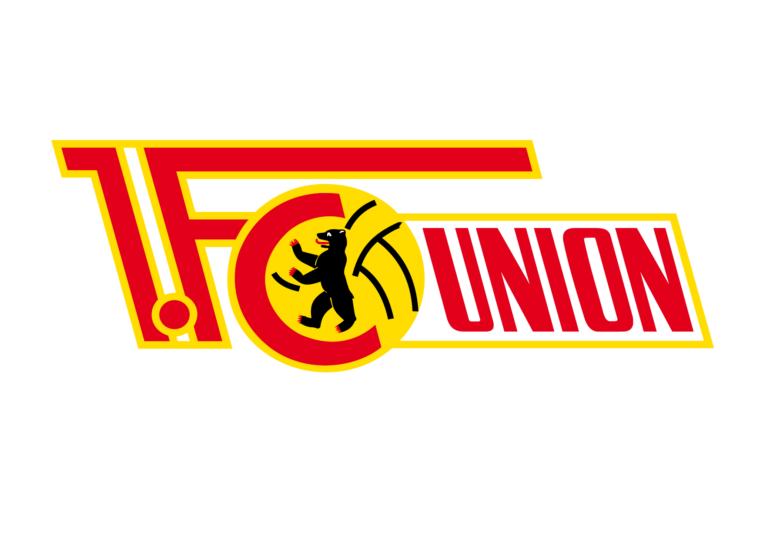 The logo of 1. FC Union Berlin, featuring bold red and yellow text with a bear silhouette inside a yellow circle, and stylized letters forming 1. FC UNION on a white background.