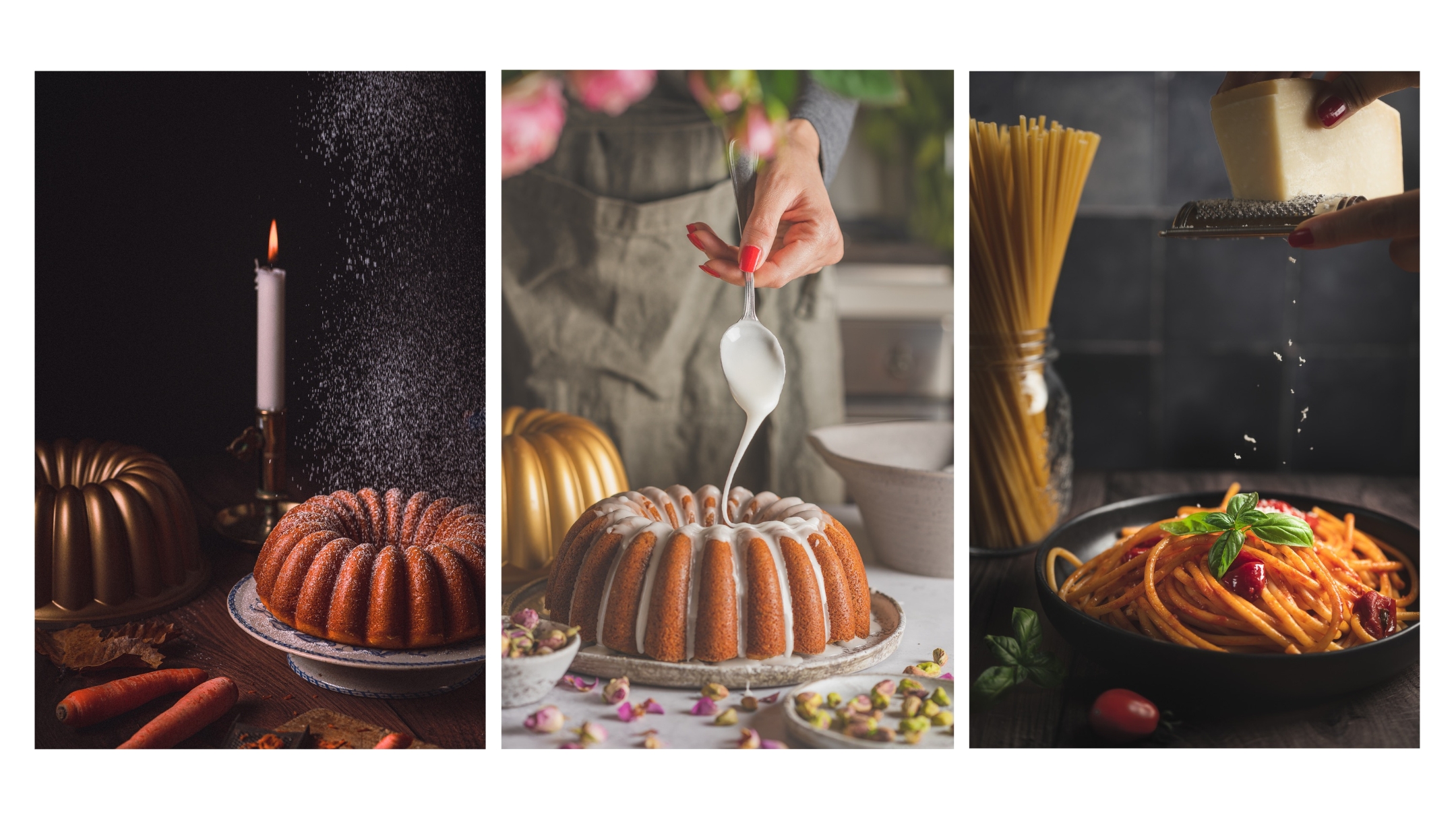 Three food photography scenes showing a bundt cake being dusted with powdered sugar, a glazed bundt cake with icing being poured over it, and a bowl of tomato spaghetti topped with basil as Parmesan is grated above.