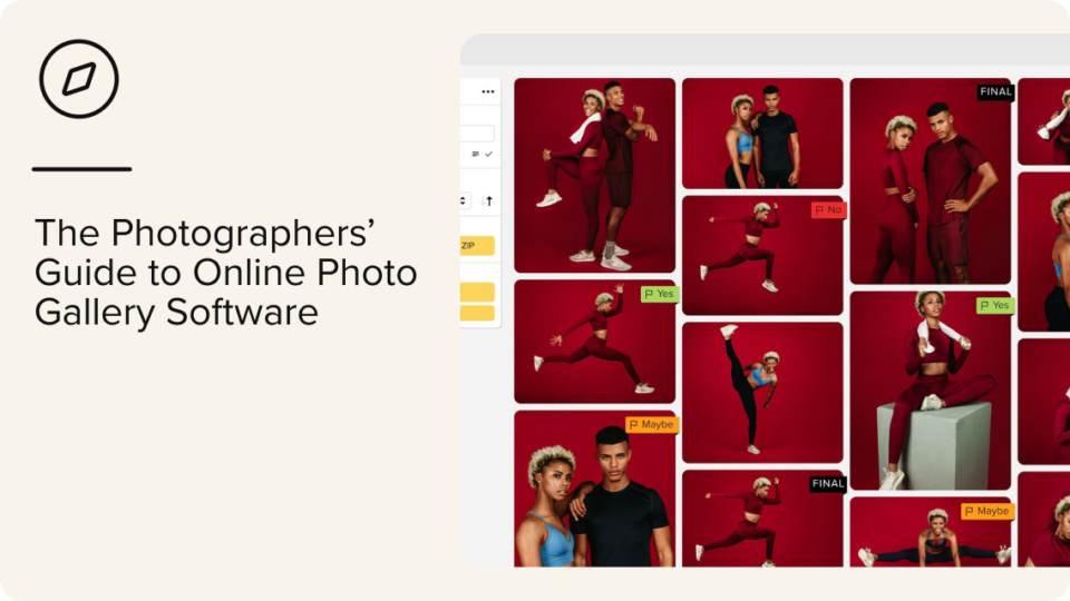 A webpage displays a guide titled The Photographers’ Guide to Online Photo Gallery Software alongside a collage of diverse people posing in athletic outfits against a red background.