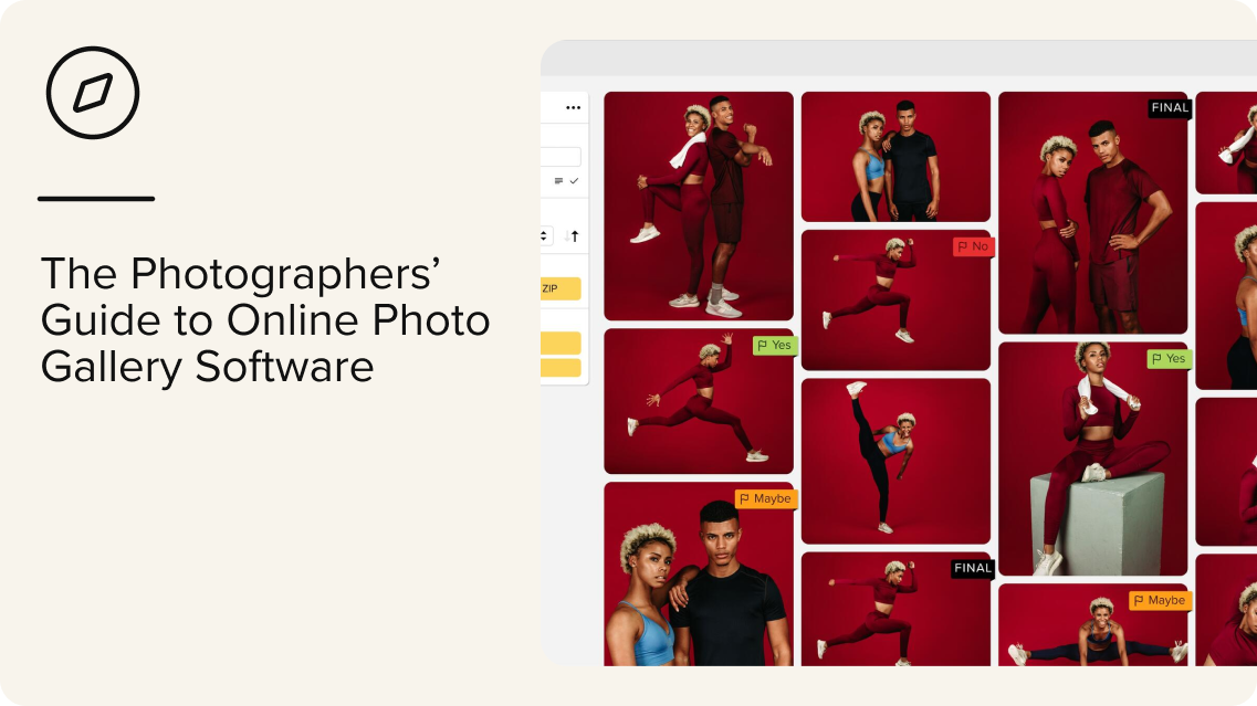 A webpage displays a guide titled The Photographers’ Guide to Online Photo Gallery Software alongside a collage of diverse people posing in athletic outfits against a red background.