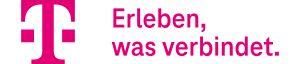 Magenta “T” logo with text “Erleben, was verbindet.” in German, meaning “Experience what connects.” The design uses magenta and black on a white background.