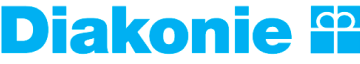 Blue Diakonie text in bold lowercase letters next to a blue square logo with a white cross and heart design inside it on a white background.