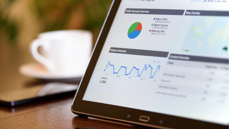 A tablet displaying analytics data with graphs and charts on the screen sits on a wooden table next to a smartphone and a white coffee cup. The background is softly blurred.
