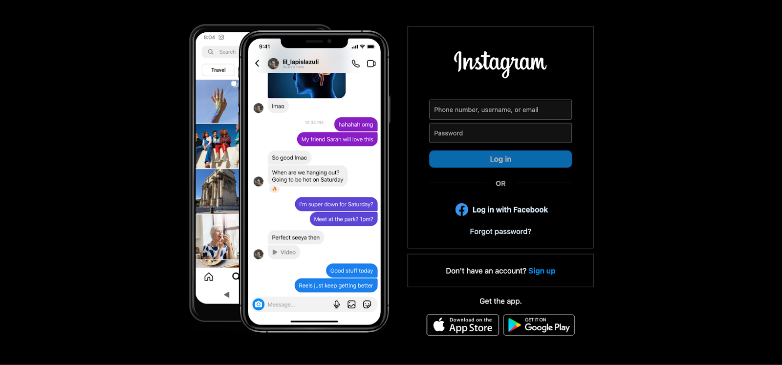 Instagram login page with options to log in, sign up, or download the app. Two phone screens on the left show the Instagram app: one with a photo feed, the other displaying a direct message conversation.