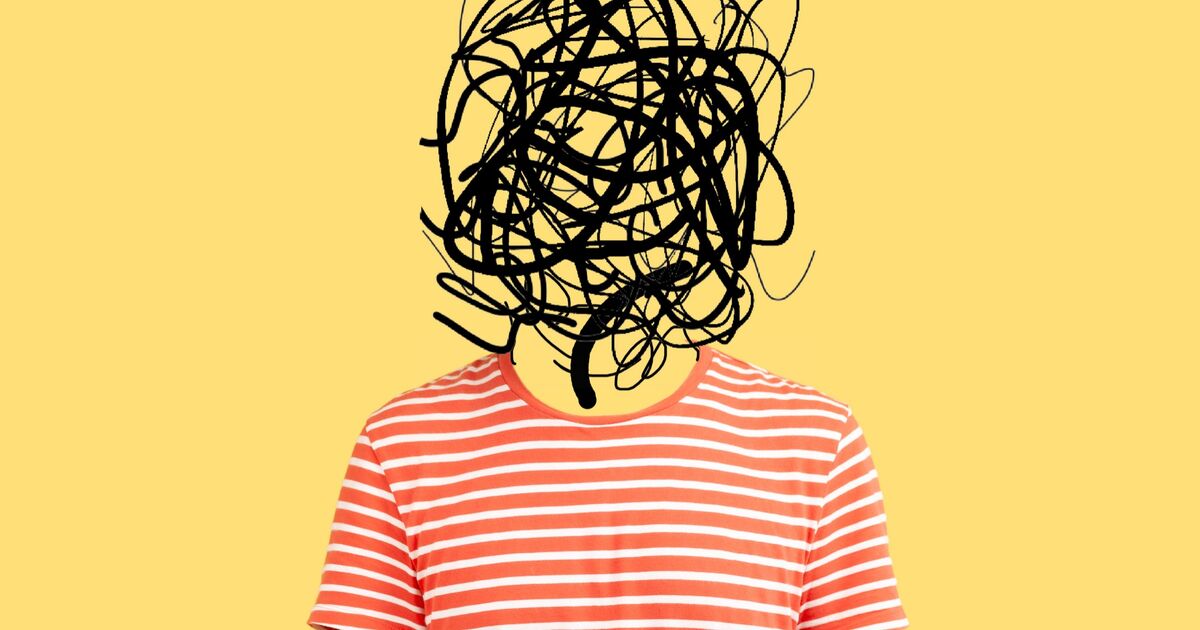 A person wearing a red and white striped shirt stands against a yellow background, with their head replaced by a chaotic black scribble, suggesting confusion or mental clutter.
