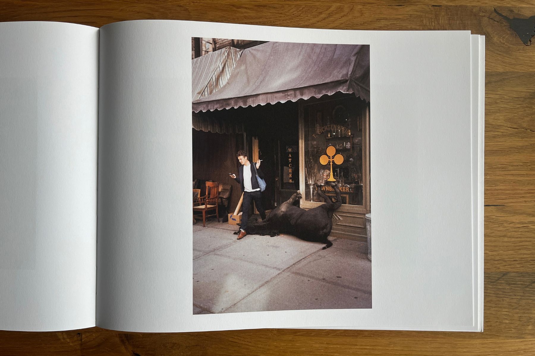 Open photobook showing a man walking past a large horse lying on the ground outside a shop.