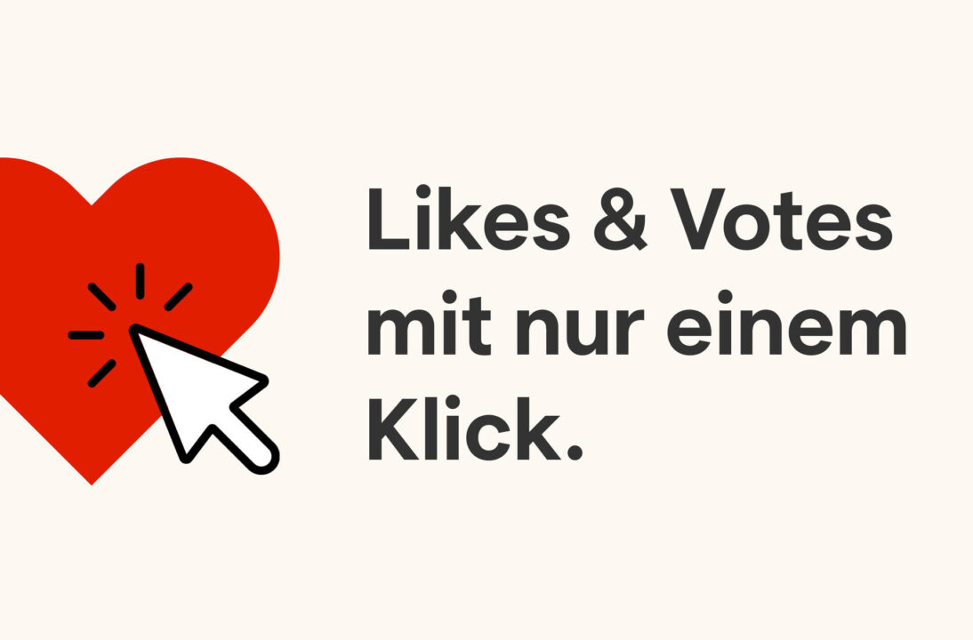 Neben dem deutschen Text „Likes & Votes mit nur einem Klick.“ erscheint auf hellem Hintergrund ein rotes Herz, auf das ein Cursor klickt.