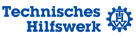 Blue Technisches Hilfswerk (THW) logo with German text and a gear symbol on the right containing a hammer and cog inside.