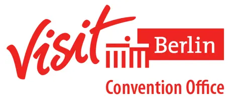 Logo for Visit Berlin Convention Office. The word visit is written in red, stylized lowercase script, with Berlin and Convention Office in white text on red rectangular backgrounds. An abstract Brandenburg Gate icon is included.