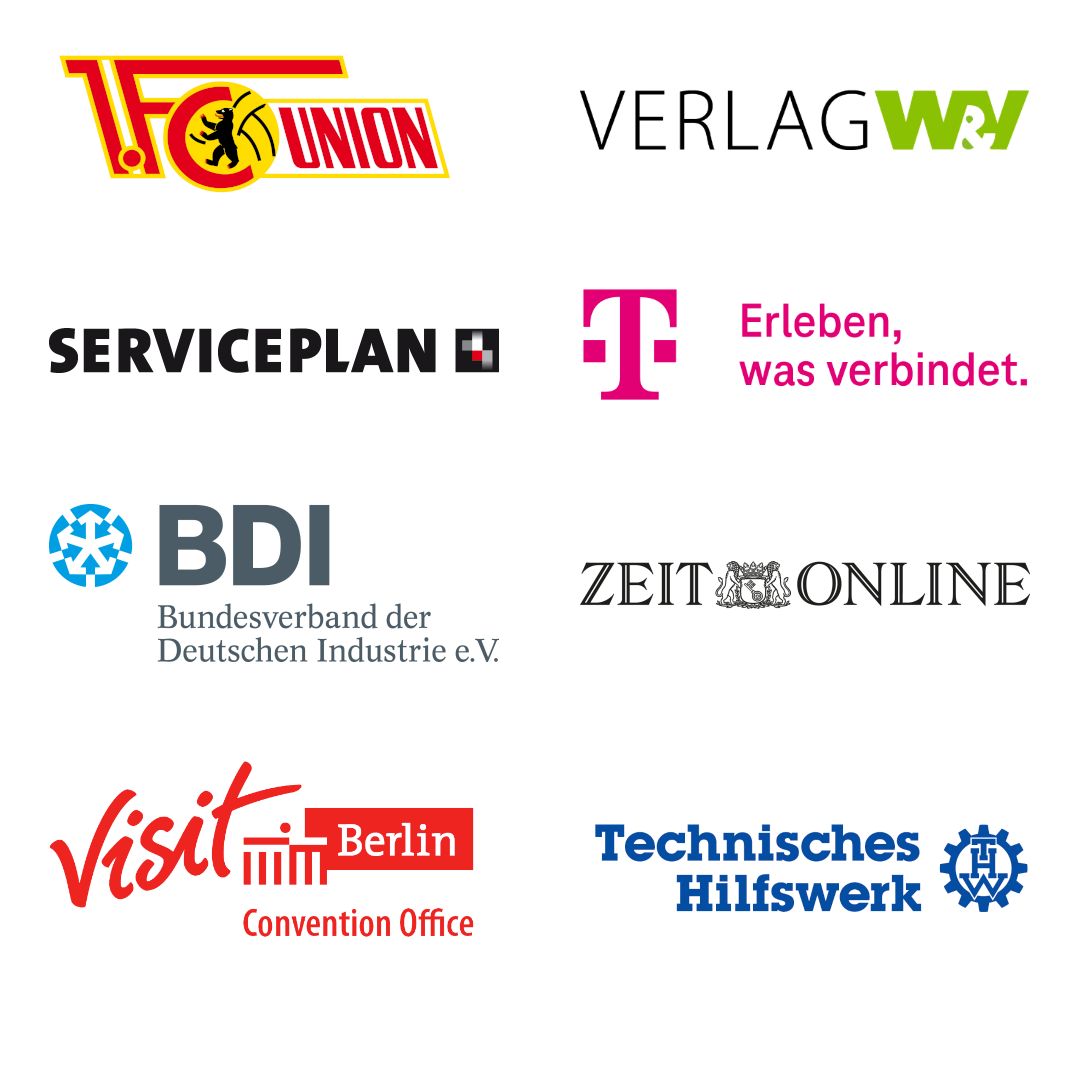 A grid of eight German company and organization logos, including 1. FC Union, W&V, Serviceplan, Deutsche Telekom, BDI, Zeit Online, Visit Berlin, and Technisches Hilfswerk.