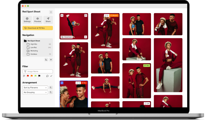 A laptop screen displays a photo gallery interface showing various images of two models posing against a red background. The sidebar includes navigation, filter, and arrangement options, and a yellow Download all files button.