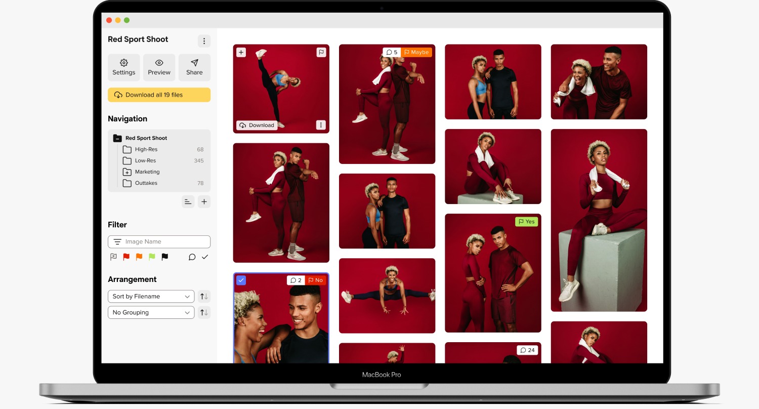 A laptop screen displays a photo gallery interface showing various images of two models posing against a red background. The sidebar includes navigation, filter, and arrangement options, and a yellow Download all files button.