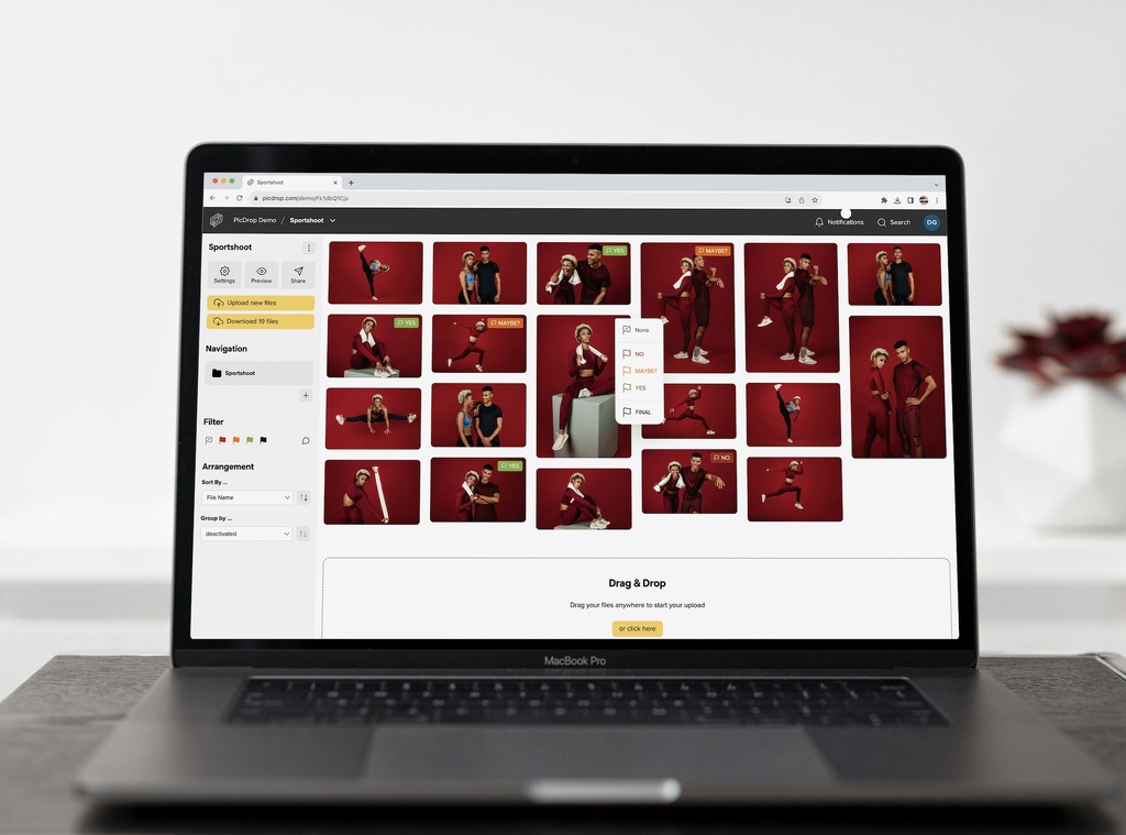 A MacBook Pro on a table displays a photo management software showing thumbnails of people posing against a red background. A succulent plant in a red pot is blurred in the background.