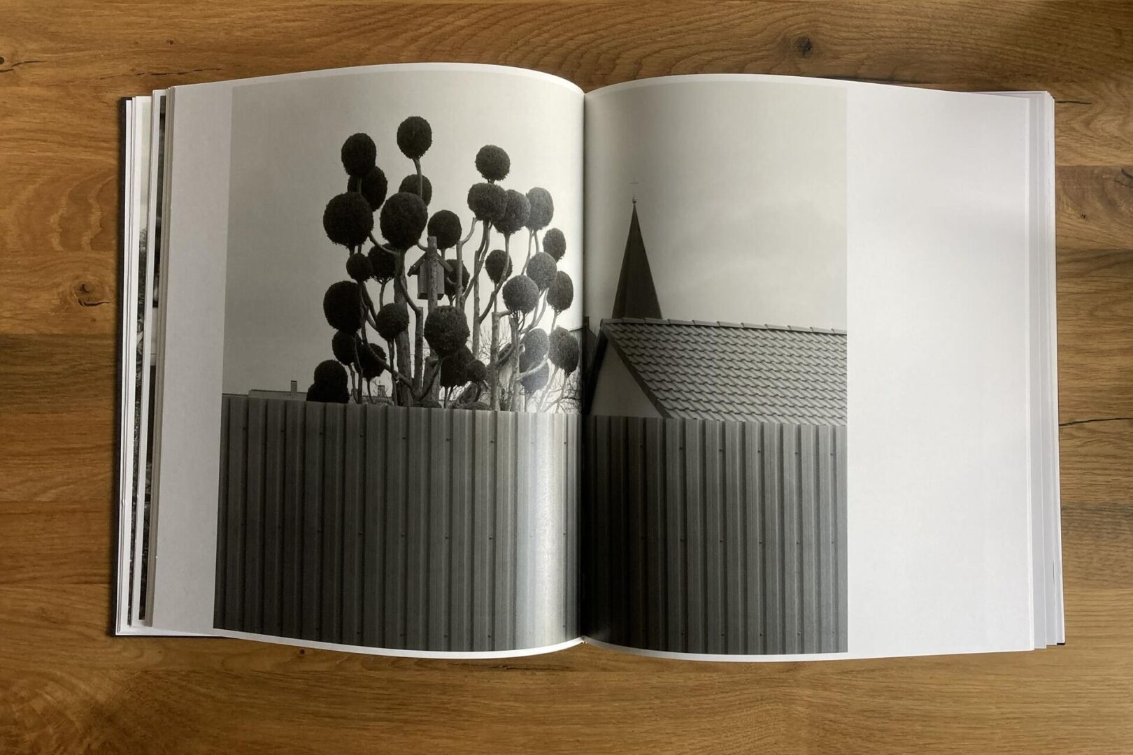 An open book displays black-and-white photos of a corrugated metal fence; behind it are geometric, trimmed trees on the left page and a house roof with a triangular spire on the right page. The book rests on a wooden surface.