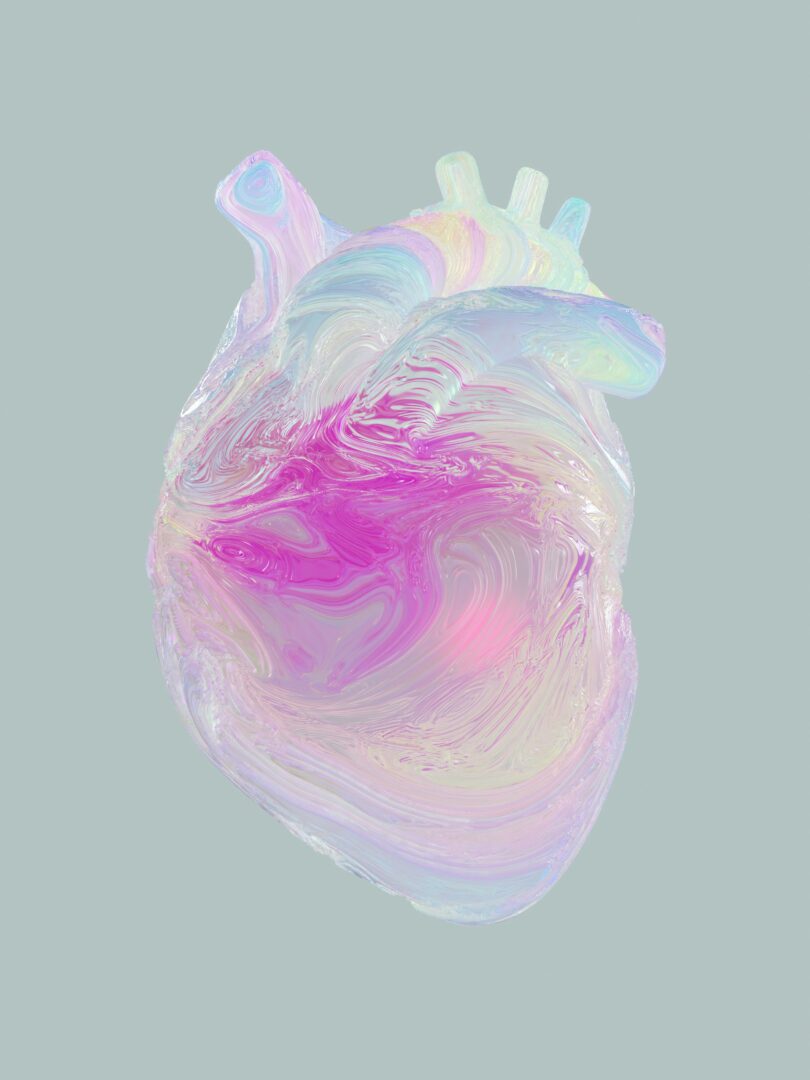 Abstract depiction of an anatomical heart in shimmering pastel colors on a light gray background.