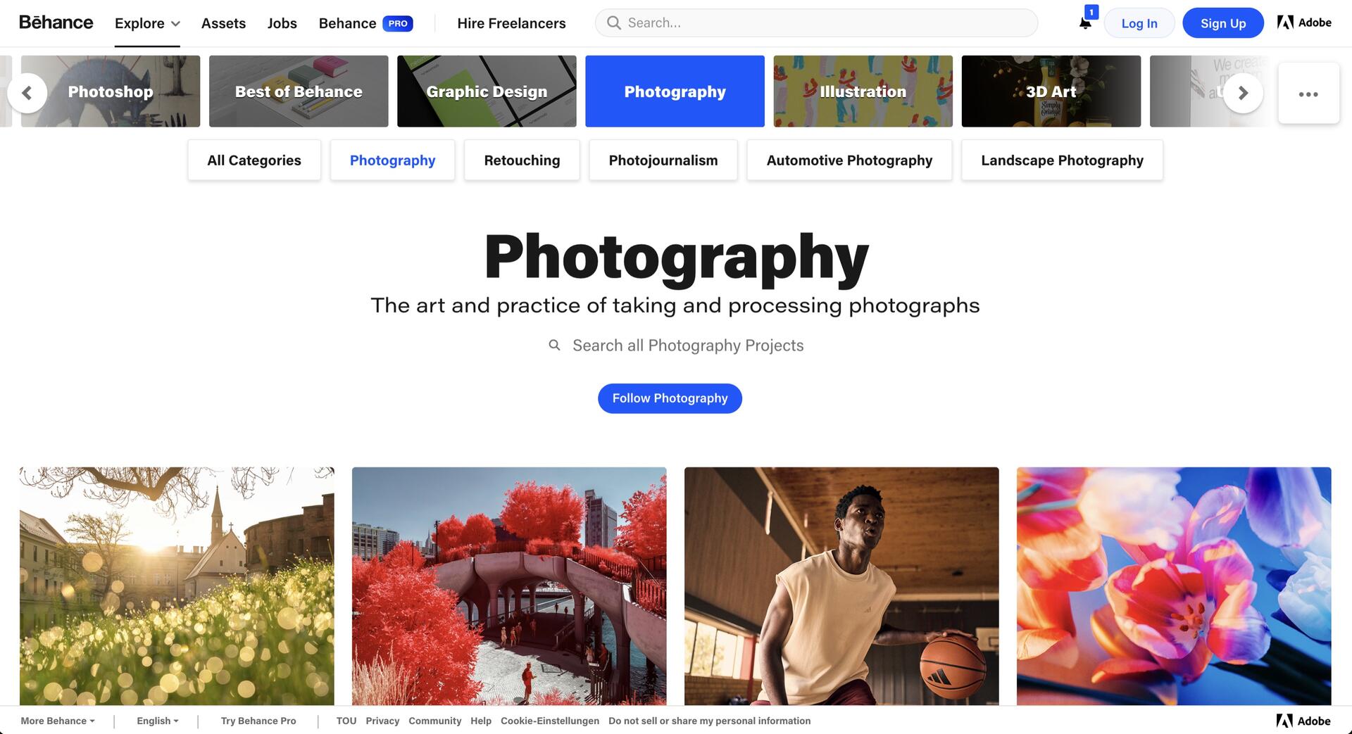 Screenshot of Behances Photography page showing categories like Retouching and Illustration, a header about photography, and four photo project thumbnails: outdoor scenes, a basketball player, and colorful landscapes.